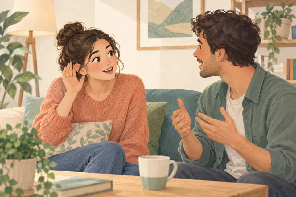 친근한 상대에게 방금 한 말을 반복해 달라고 할 때.