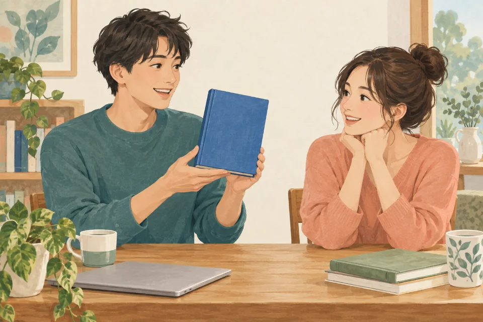 손에 든 책을 보여 주며 물건을 소개할 때.