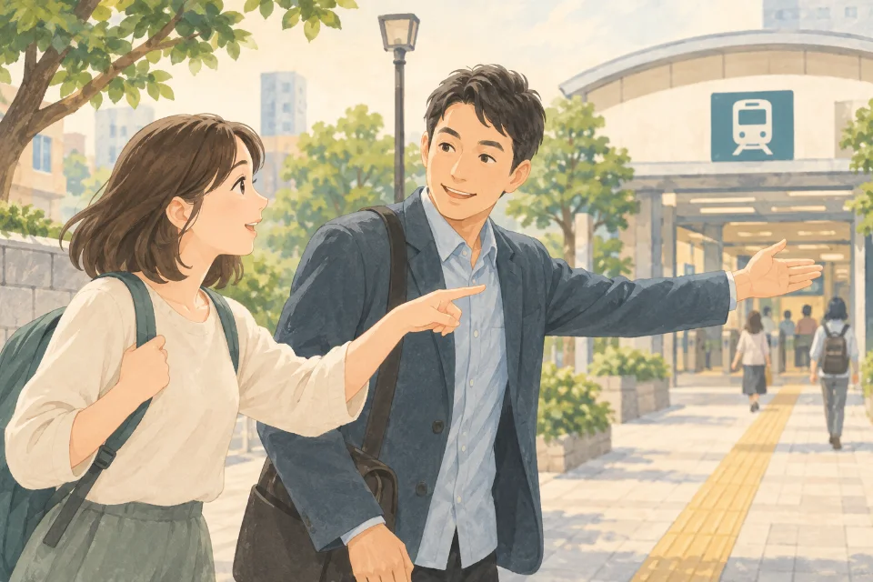 길을 안내받으며 역 방향을 확인할 때.